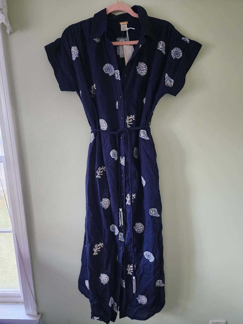 NWT Magaschoni Navy Maxi Shirt Dress with White Shell Motif